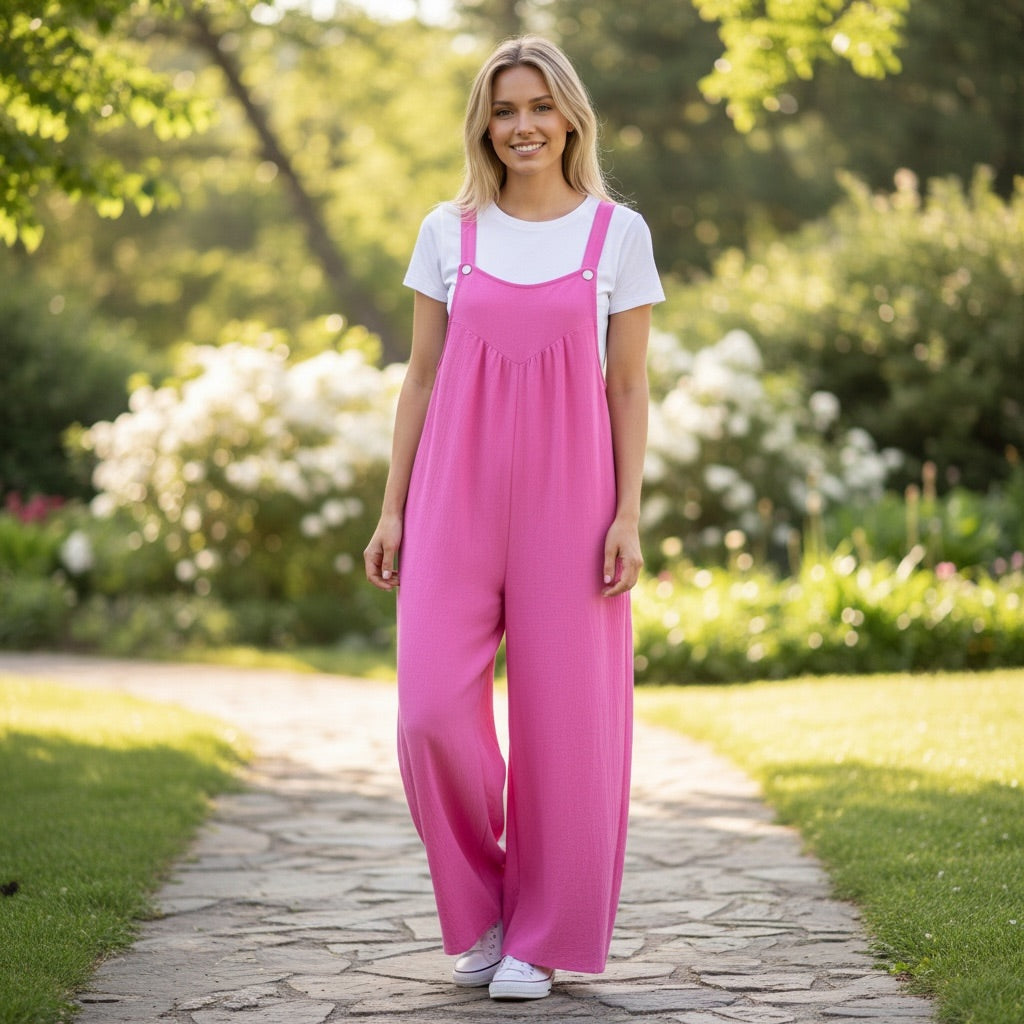 Pink Lovely Melody Pink Wide-Leg Overall Jumpsuit, Medium